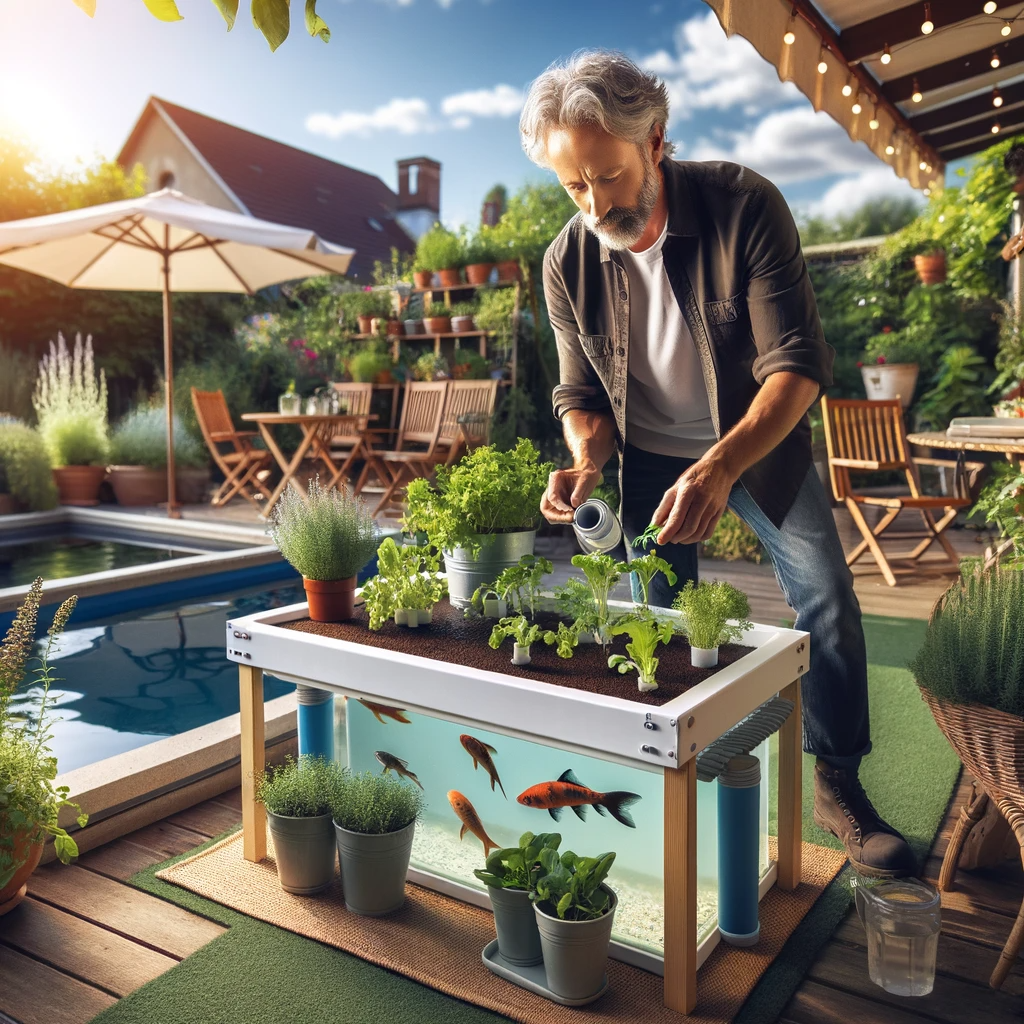 An-image-of-a-person-tending-to-an-aquaponic-system-in-their-backyard-on-a-sunny-day.-The-setting-is-a-cozy-patio-with-potted-plants-and-outdoor-furniture